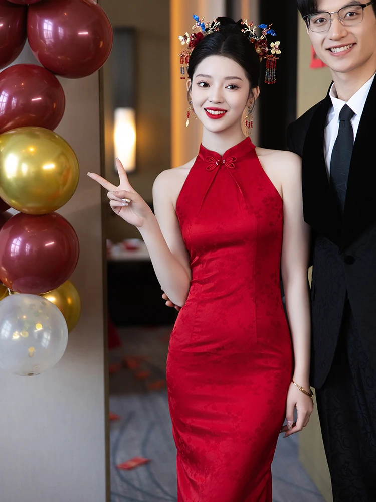 

Red Wedding Engagement Ceremony Dr Women's Ne Hanging Sle Vintage Wind Zipper Ba Slim Fit mid Waist Long