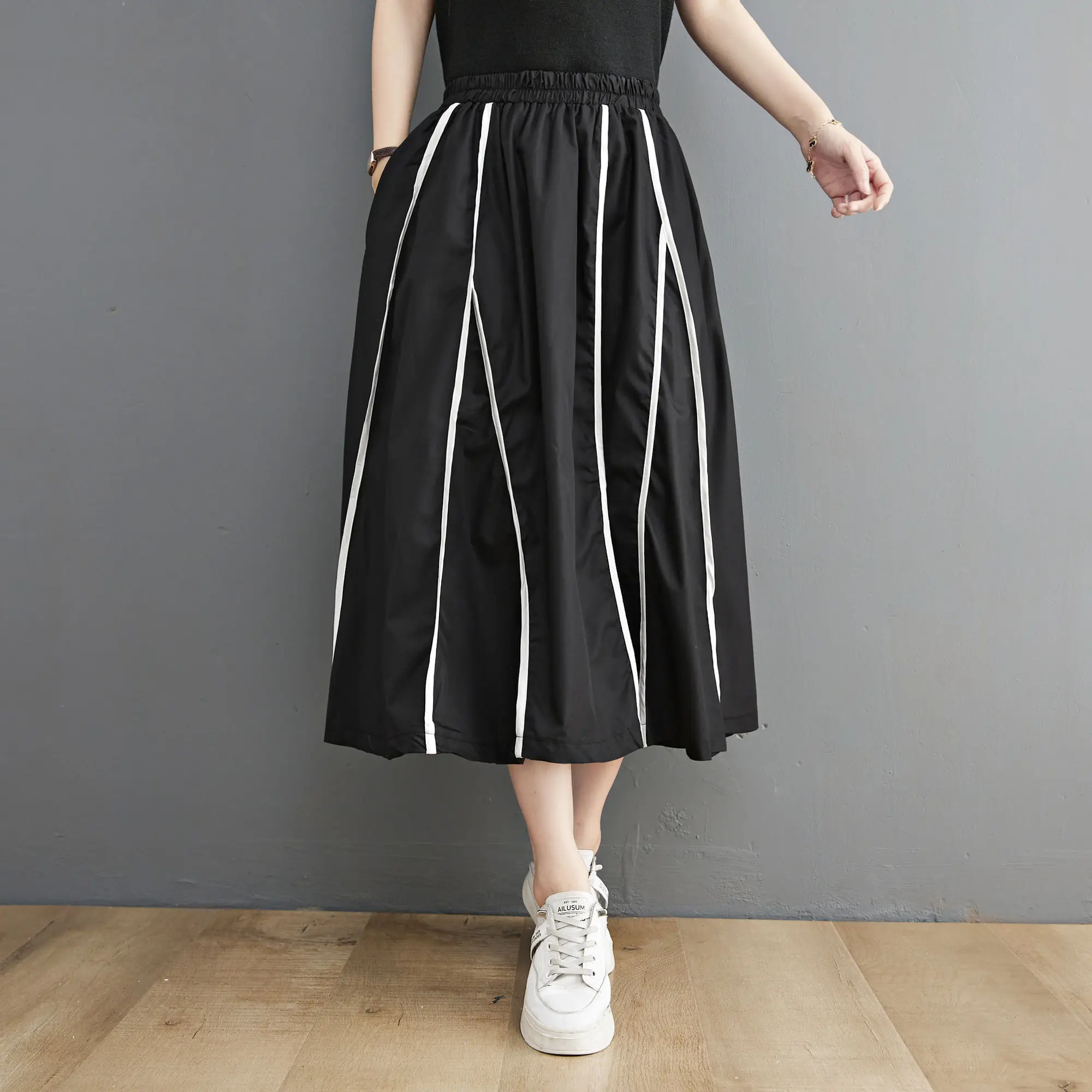 #3017 Ribbons White Striped A-line Skirts Women High Waisted With Pockets Loose Irregular Midi Skirts Female Korean Style Summer