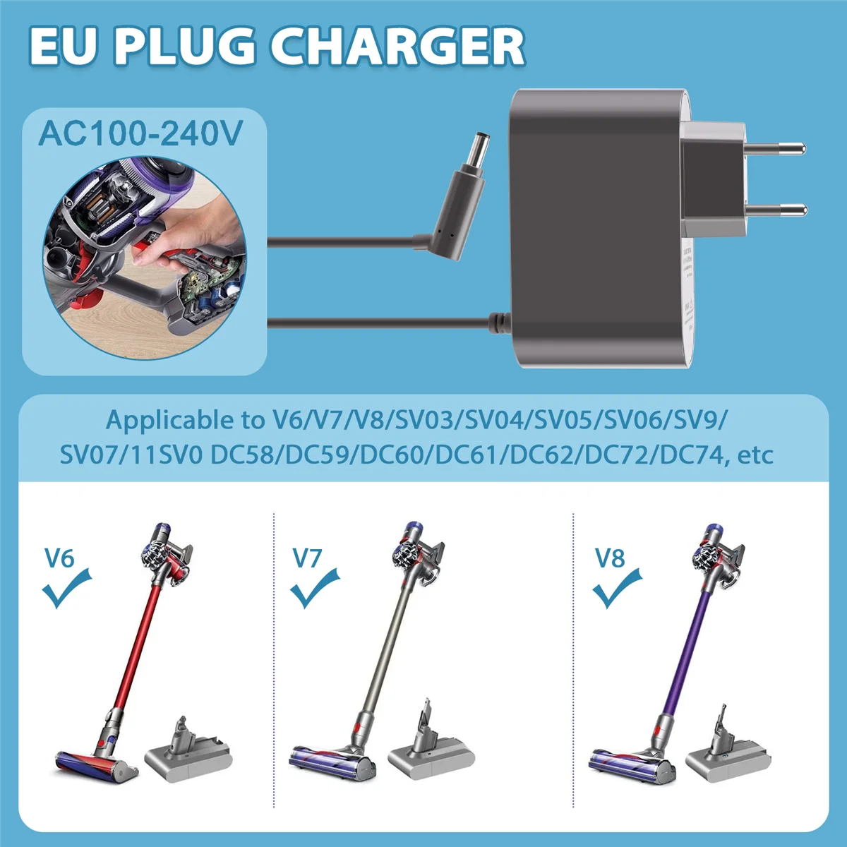 26.1V Charger for Dyson V6 V7 V8 SV03 SV04 SV05 SV06 SV07, DC59 DC58 DC62 DC60 DC61 DC72 DC74 Vacuum Cleaner EU Plug