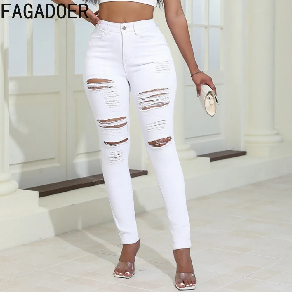 

FAGADOER Spring New Elasticity Hole Skinny Jeans Pants Women Women High Waist Button Pocket Denim Trousers Female Cowboy Bottoms