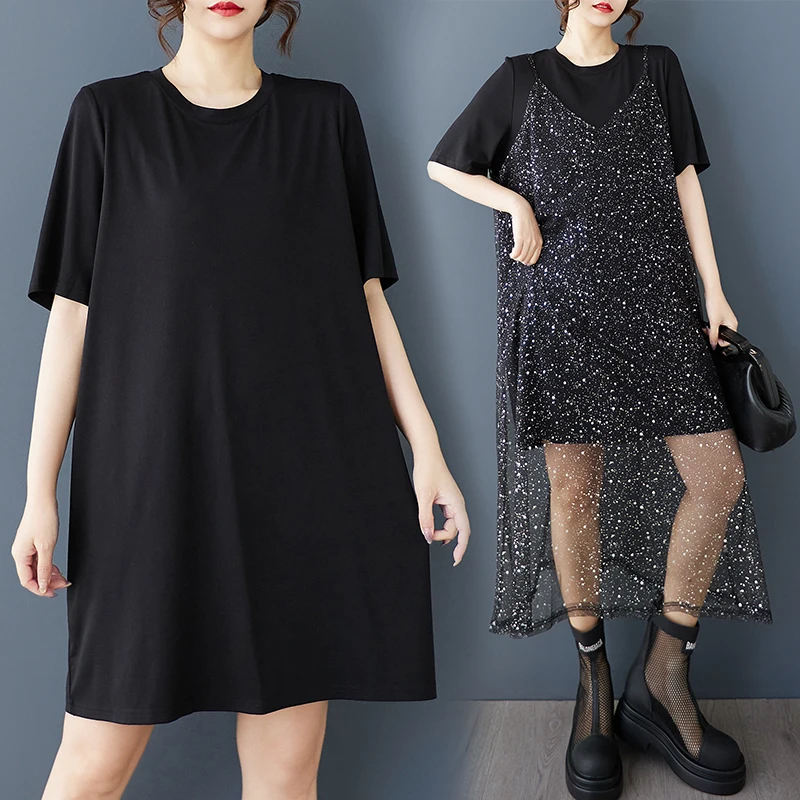 Été nouveau Design ample k Faion argent Me sangle couleur Pure t-shirt deux pièces ensemble jupe Midi boutonné tenues pour femmes