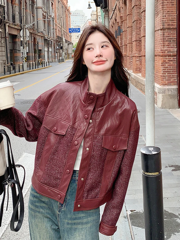 슈퍼 잘 생긴 접합 빨간색 가죽 자켓 여성 2025 봄 새로운 스타일 복고풍 패션 작은 스탠드 칼라 유행 재킷