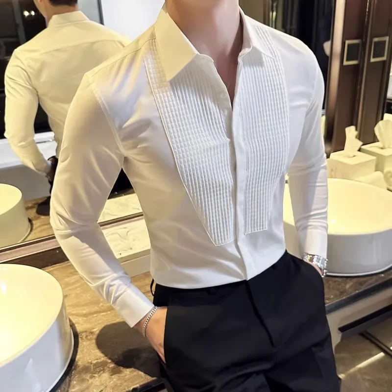 New Mens Trendy Slim Fit Long Sleeve Tuxedo Shirt for Wedding Banquet Prom Groom Pleated Plus Size