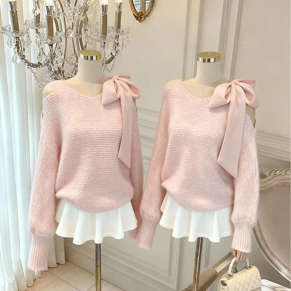 Sweet V-Ne Knitted Sweater with Belt Long Sve Women's Faion Autumn Winter New Sle Loose Fit Woolen  Knot