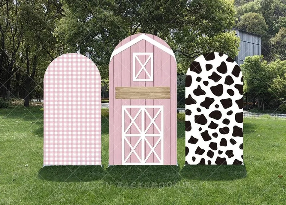 Custom Pink Barn Farm Arch Backdrop Cover pink Gingham Cow Pattern Birthday Party Decoration Baby Shower Theme Background