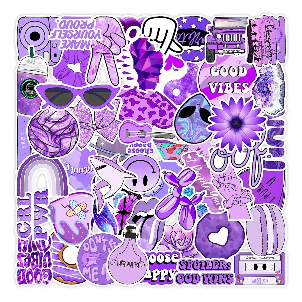 50PCS 2024 New Purple Small Fresh Graffiti Decoration Suitcase Guitar Waterproof Sticker