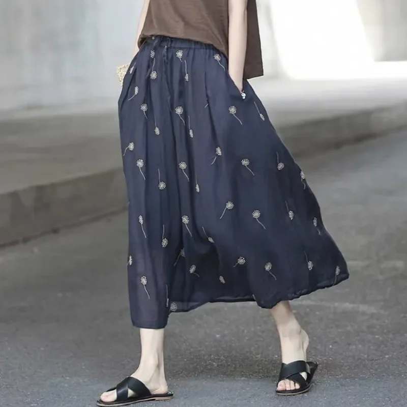 

Women's Dandelion Embroidered Linen Maxi Skirt Elastic Waist Casual Loose Summer A Line Skirt