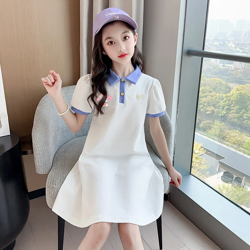 

Anime Sanrio Hello Kitty Cinnamoroll Girl Dress Summer Cute Printed Short-Sleeved Polo Dress for Kids Children's Clothing Gift