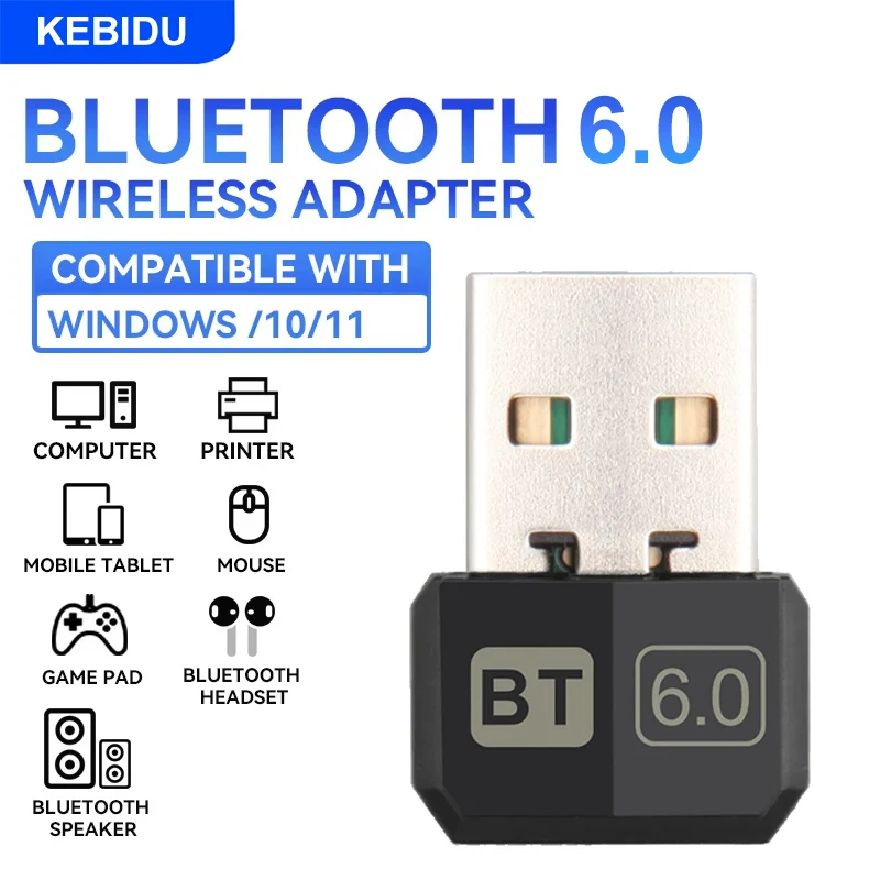 KEBIDU USB Bluetooth 6.0 Adapter for PC Windows 11/10/8.1 Bluetooth Receiver Transmitter for Keyboard/Mouse Speak USB Dongle