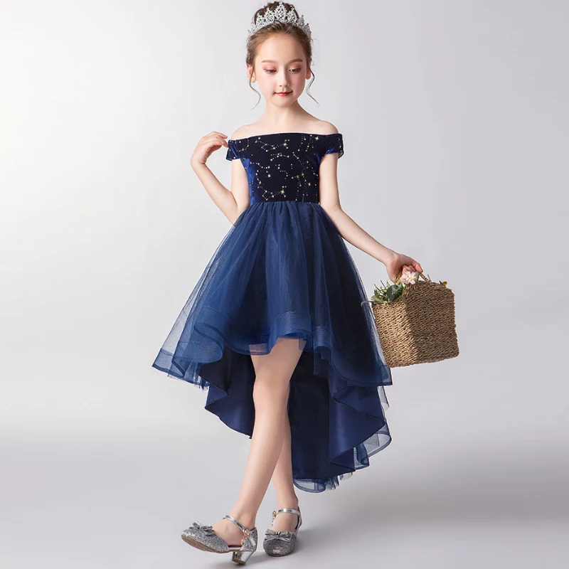 Dark Blue Princess Girl Dress Christmas Party for Kids Ball Gown Elegant Evening Dresses Long Luxury 2022 Female Gala Costume