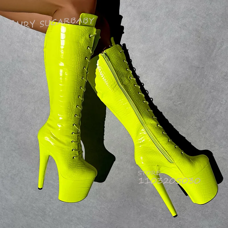 Bright Yellow Dazzling Dance Boots Platform Women Lace Peep Toe Zipper Knee Booties Calf Open Shoes Pole Dance Sexy Girls Shoes