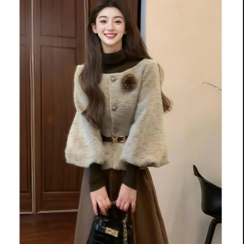

Elegant Socialite's Unique and Stunning Suit 2025 Winter Thickened Coat with Skirt Complete Set of Women's Clothing