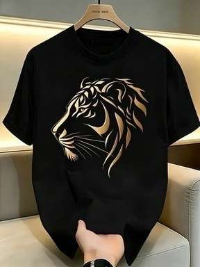 Luxury Metallic Gold Abstract Tribal Tiger Head Silhouette Tee Vintage Loose Fit Unisex Men Casual Soft Black Cotton T-Shirt