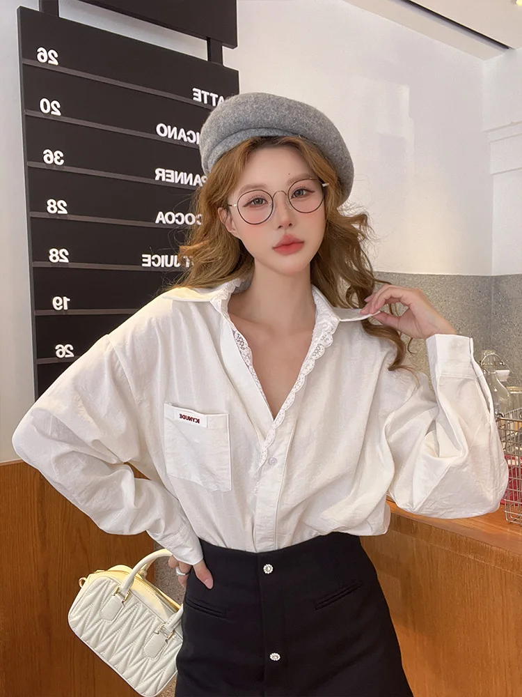 

IcyNude Белая кружевная блузка с вставками, повседневная, свободного кроя, женская, осенняя, новая модная модель, с воротником, длинными рукавами, однотонная, на пуговицах