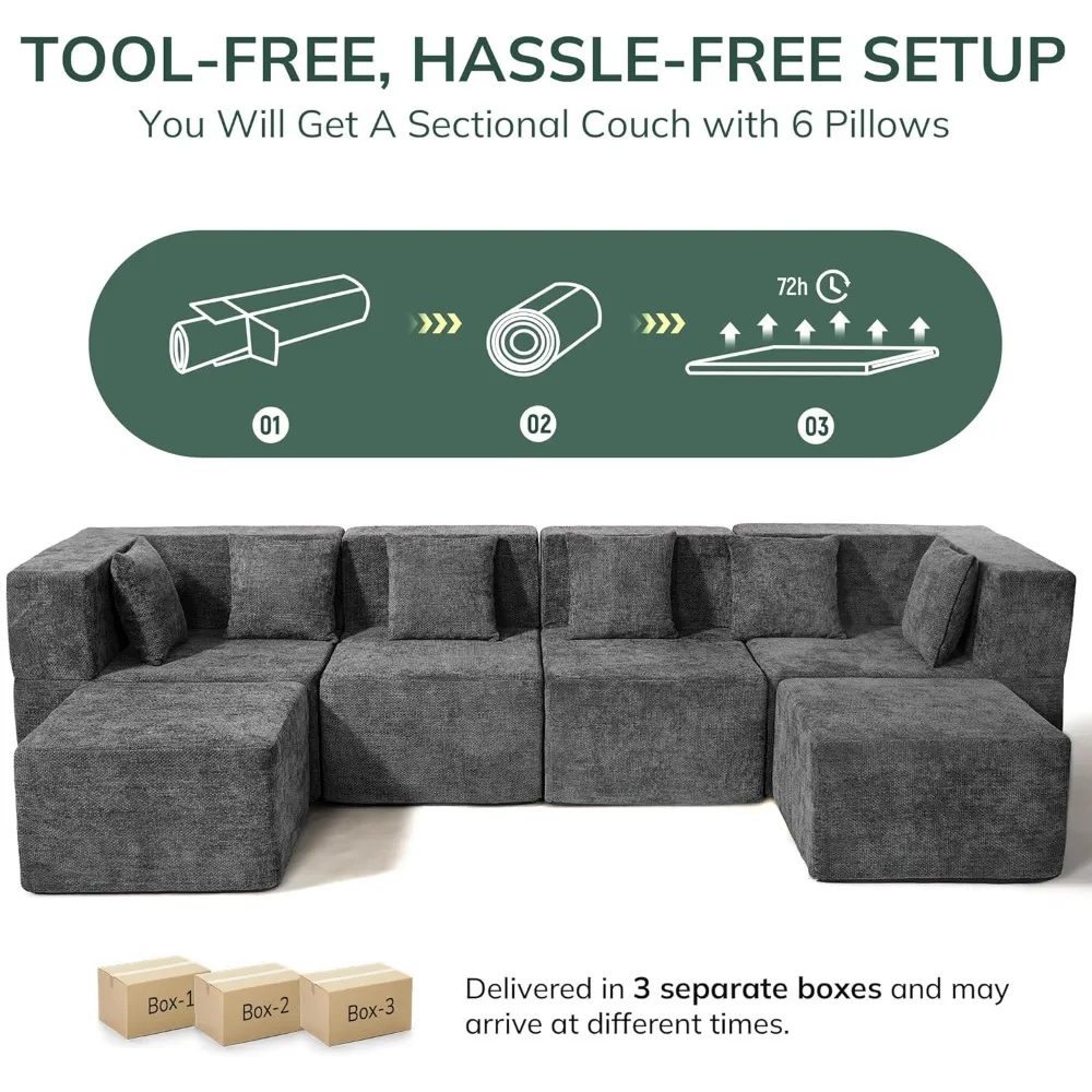 

Modular Sectional Cloud Couch for Living Room - 130'' 6 Seater Convertible Chenille Couches Set with Ottoman, No, Customized