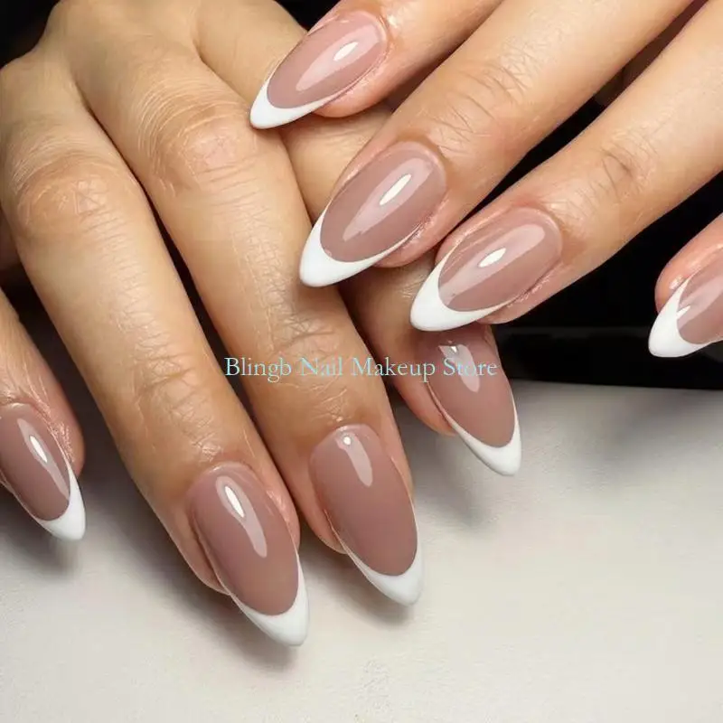 

28TA Gradient Press on Almond Fake Glossy on Acrylic Natural Omber Glues on False for Women Girls