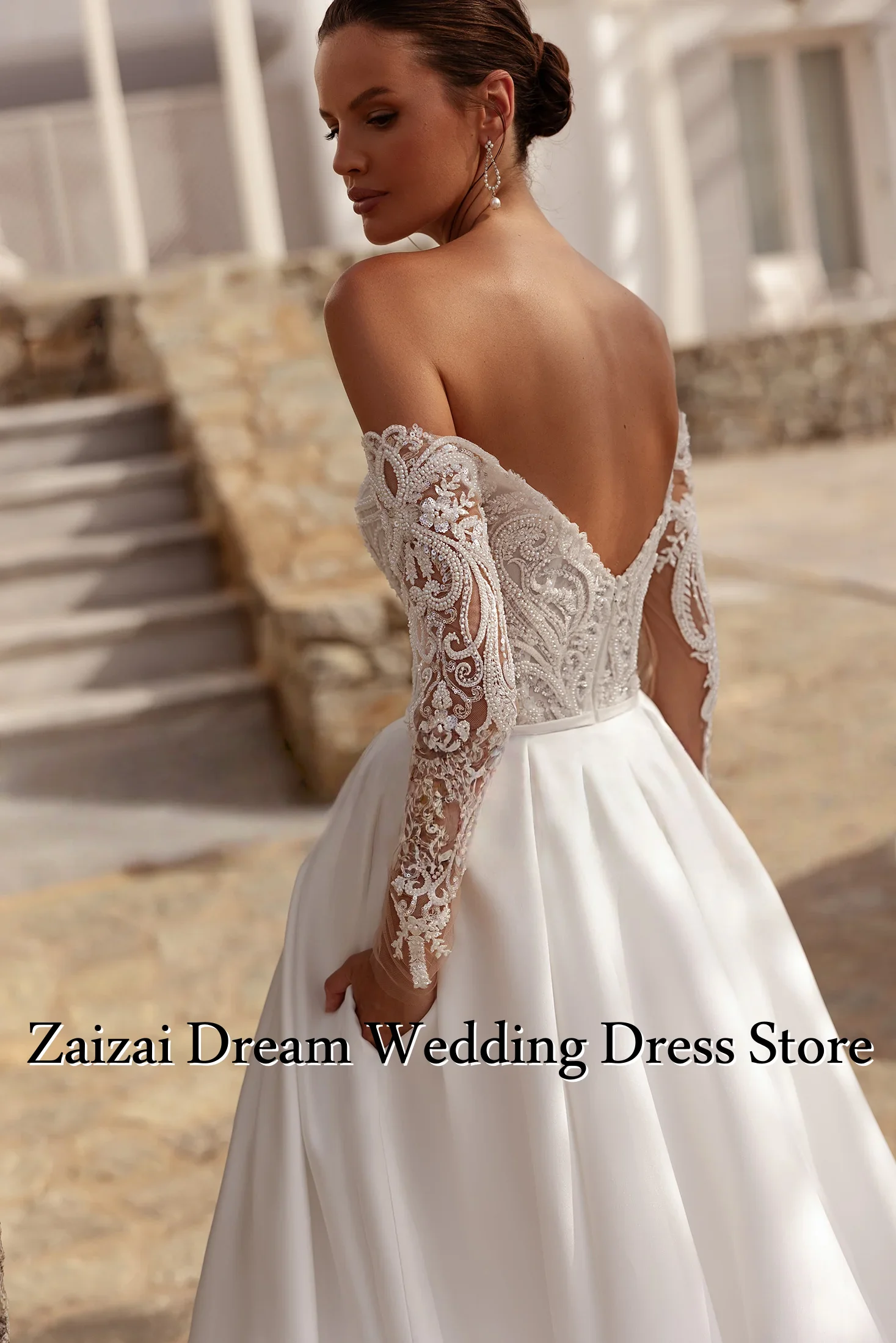 ชุดแต่งงานทรงเอไลน์ผ้าซาตินสุดหรูแบบสั่งตัดสำหรับผู้หญิง แขนยาวลูกไม้ ชุดราตรีงานพรอม ชุดเดรสลูกไม้ปักลาย Vestidos De Novias