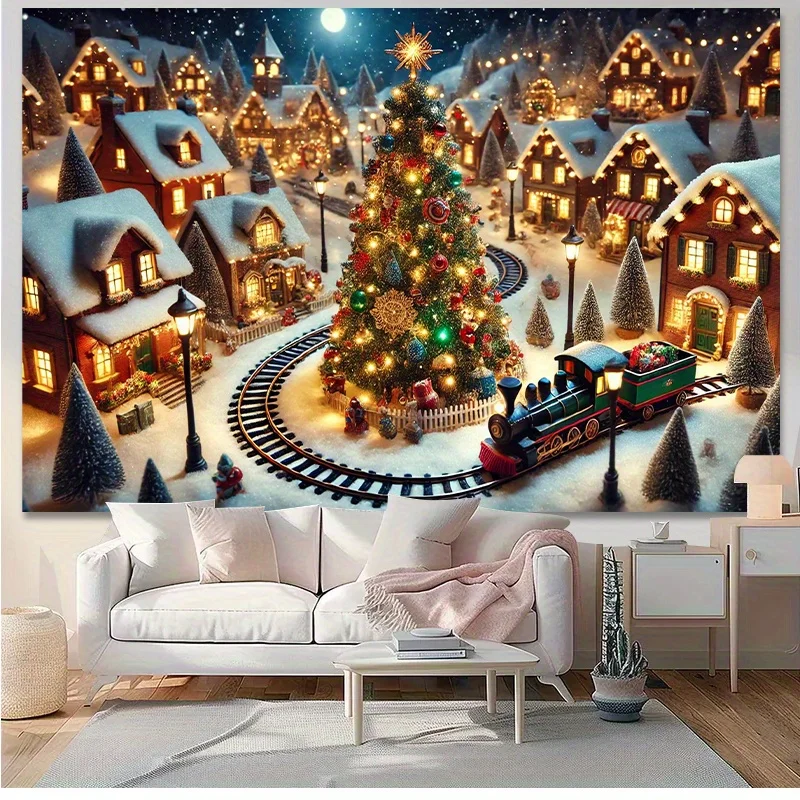 tapestry Cozy Christmas Village Scene Wall Decor - Enchanting Winter Landscape with Illuminated Trees & Festive Train