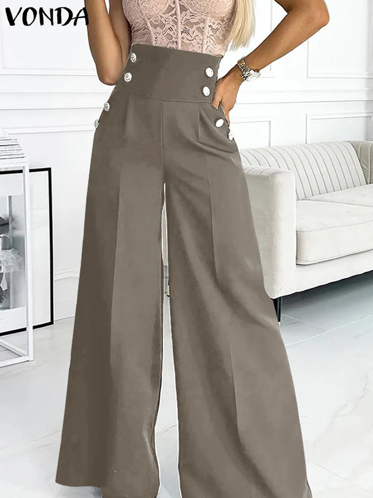 Plus Size 5XL VONDA Women Wide Leg Pants Casual Solid Color Long Trousers High Waist Double Breasted Design Autumn 2024 Bottoms