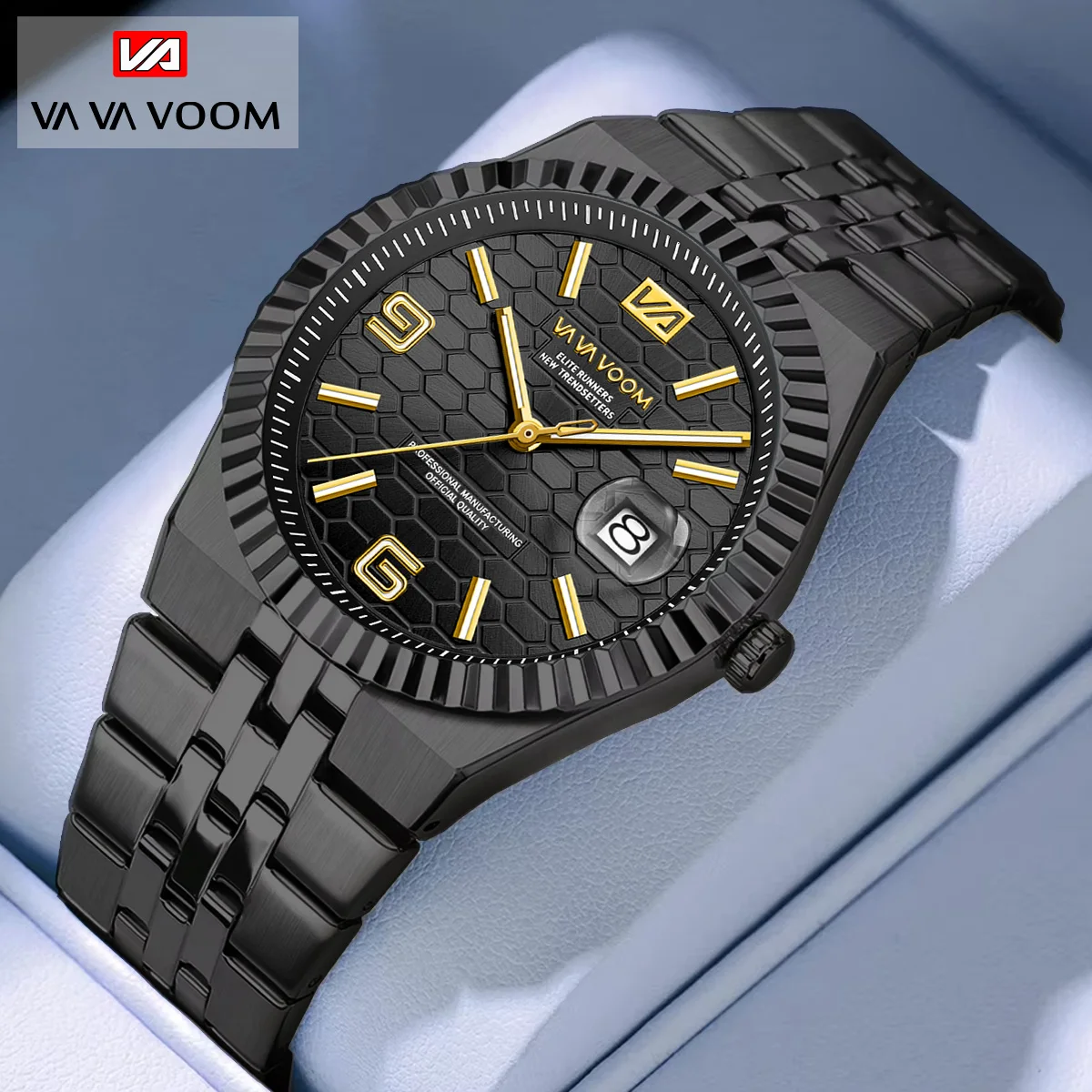 ساعة رجالية من الفولاذ المقاوم للصدأ باللون الأسود ساعة إبداعية للأعمال بتقويم حركة كوارتز 3Bar مقاومة للماء للأسبوع ساعات رجالية للزوجين #1