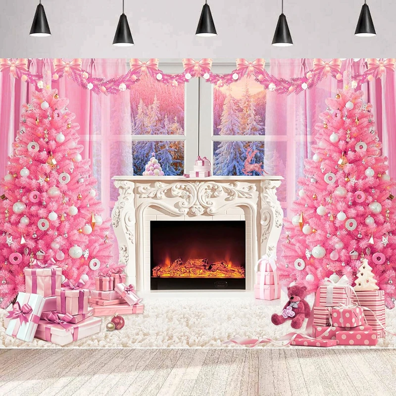 Photography Backdrop Pink Christmas Fireplace Banner for Pictures Xmas Pink Tree Balls Window Background Family Holiday Party