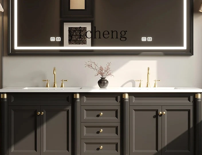 

retro oak floor-to-ceiling double basin bathroom cabinet combined bathroom wash basin cabinet