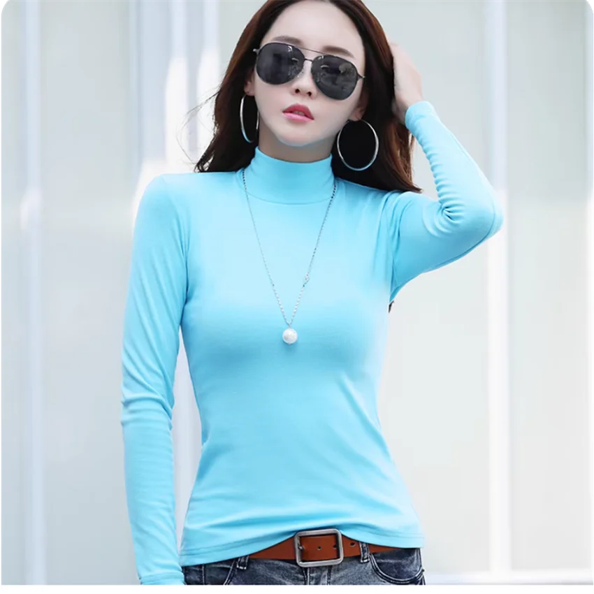 

2024 New Autumn Winter Fashion Slim Women Cotton T-Shirt Long Sleeve Turtlenecck Tees Lady Basic Tops Pullovers Bottomings 2389
