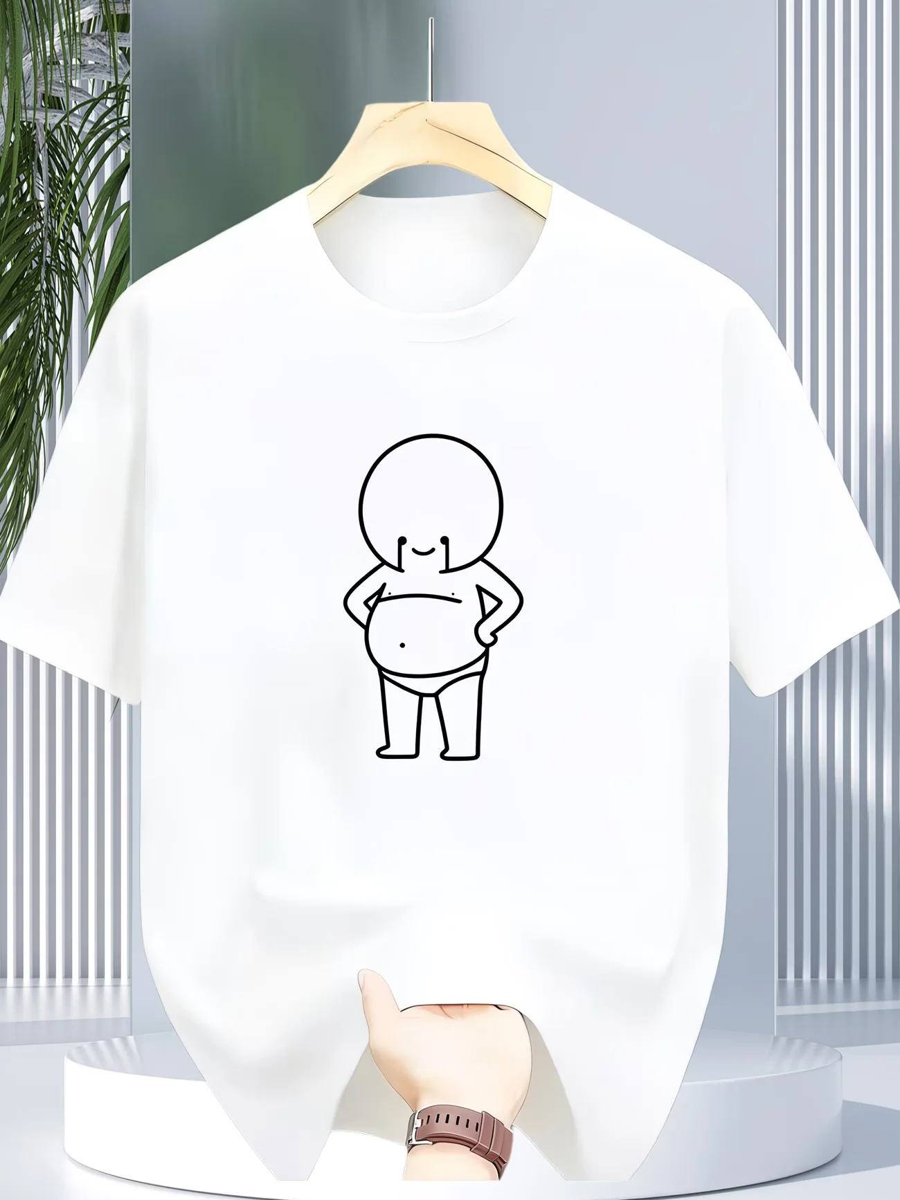 Funny Big Belly Cartoon Graphic T Shirt Humorous Line Art Summer Short Sleeve Loose Top Harajuku Aesthetic Black Tee for Men