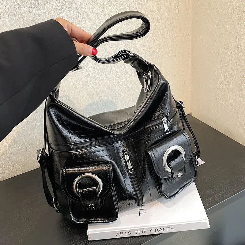 

Korean Chic 2024 All-match Causal Handbags Simple Personality Fashion Crossbody Bags Zipper Pocket PU Leather Shoulder Bag