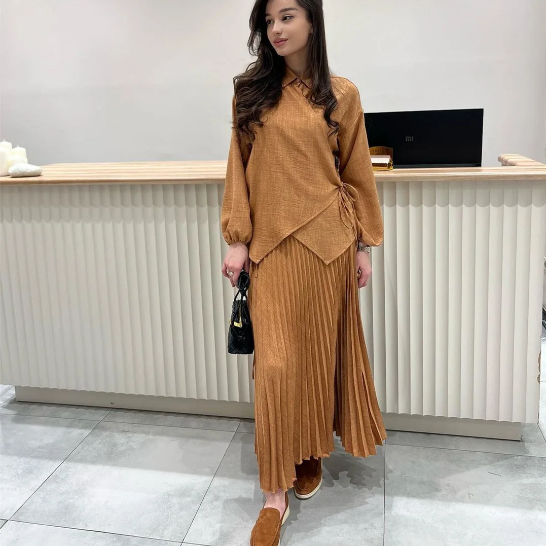 Spring Summer Fashion Shirt Two Piece Set Women Casual Lace Up Shirt Pleated Skirt Two Piece Set Muslim Women