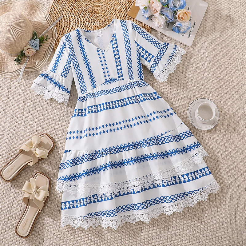 

Girls 8-12 Fashion Dress, Bohemian Stripe Lace Trim Flare Sleeve Midi Dress, Stylish Sweet Comfortable for Daily Party Outings