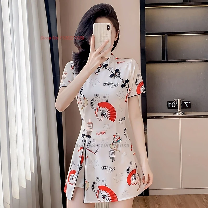 

2025 chinese nightclub dress sexy banquet qipao traditional flower print cheongsam dress+shorts oriental hotel spa work dress