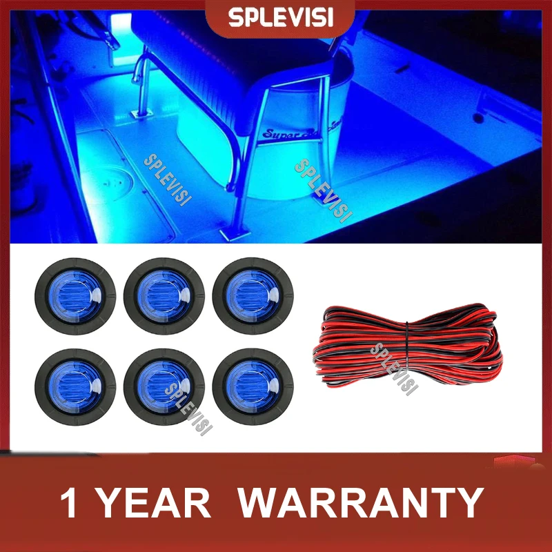 3/4'' Round LED Boat Deck Transom Courtesy Lights Blue for Pontoon Sailboat (6Pcs) + 50FT/15M 2pin Extension Cable Wires Cord