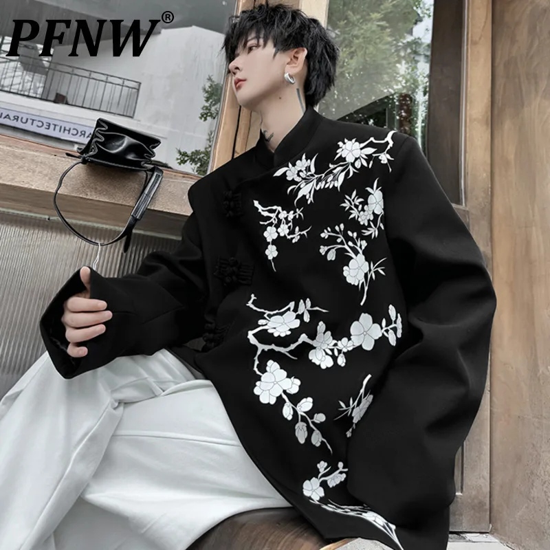 PFNW Trendy Black Chinese Style Chinese Knot Button Design Suit For Men Niche Printed Blazer Autumn New Loose Fit Coats 12C1453