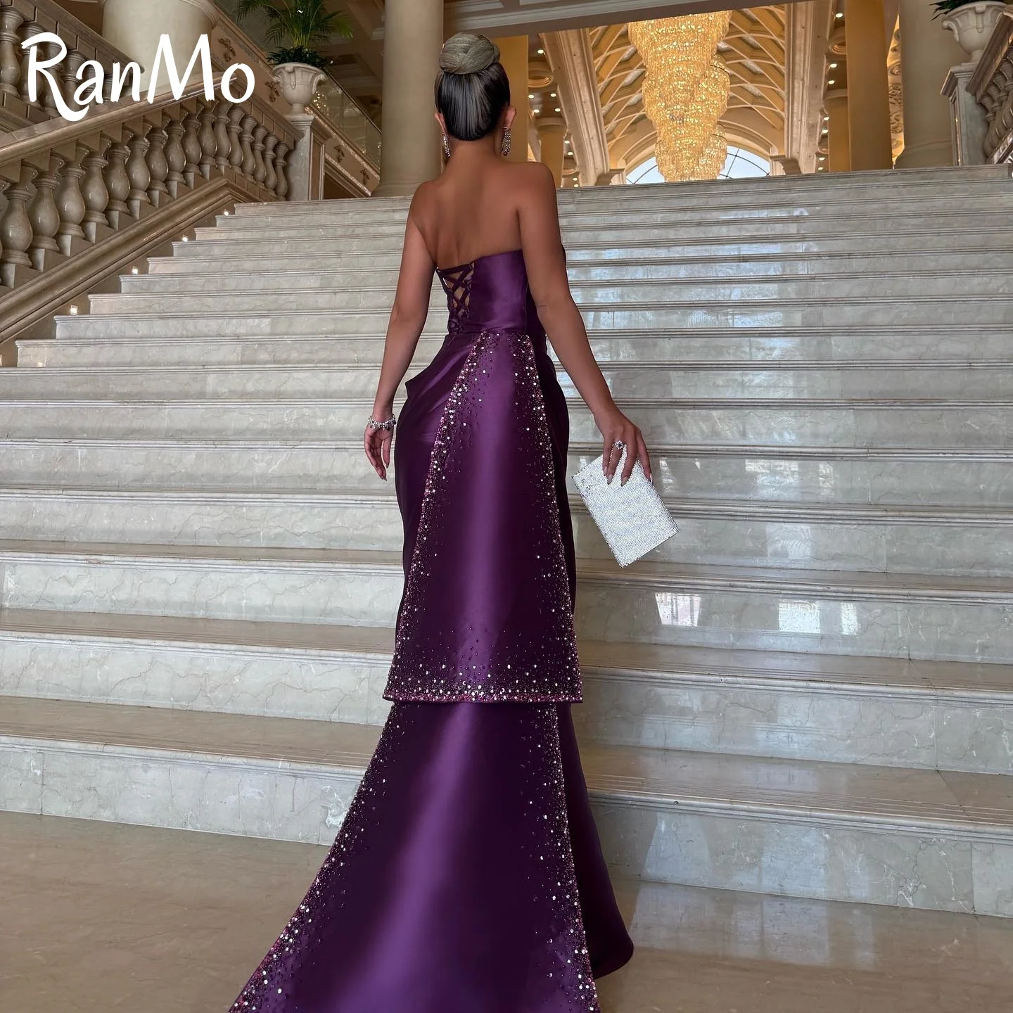 Ranmo Customized Exquisite Strapless Sleeveless Evening Dress High Quality Satin Prom Dresses Delicate Crystal Bridal Party Gown