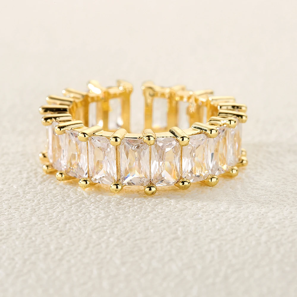 Fashion Cubic Zirconia Step Square Open Adjustable Ring For Women Men Gold Silver Color Copper Metal Ring Party Everyday Jewelry