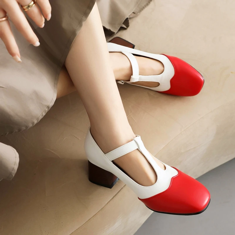 

ORCHA LISA Fashion shoes Women's Mary Janes Pumps Square Toe 5cm Chunky Heel T-Strap Mixed Color Plus Size 45-47 Elegant Dating