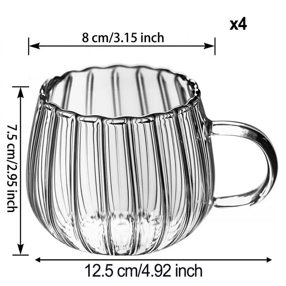 4 Transparent Glass Cups with Continuous Vertical Texturing and Rounded Scalloped Rim for Tabletop Presentation