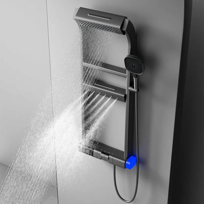 Gun Grey Thermostatic Digital Shower Set, Large Storage Shelf, Full Copper Body, Rainfall Shower Head, Home Bathroom Fixture