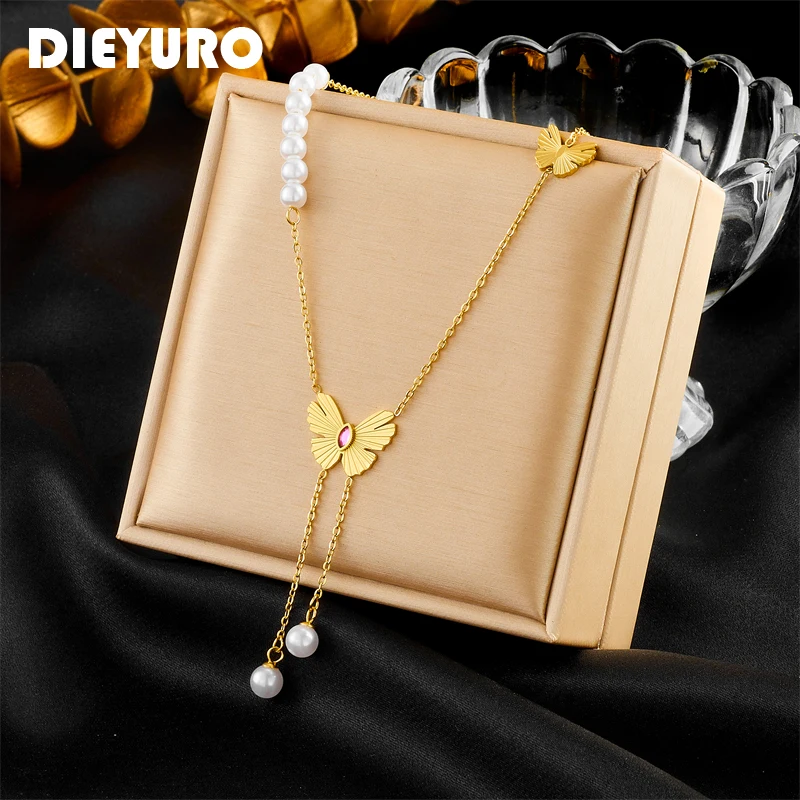 DIEYURO 316L Stainless Steel Pearl Butterfly Long Pendant Necklace Fashion High Quality Neck Chain Jewelry For Women Girl Bijoux