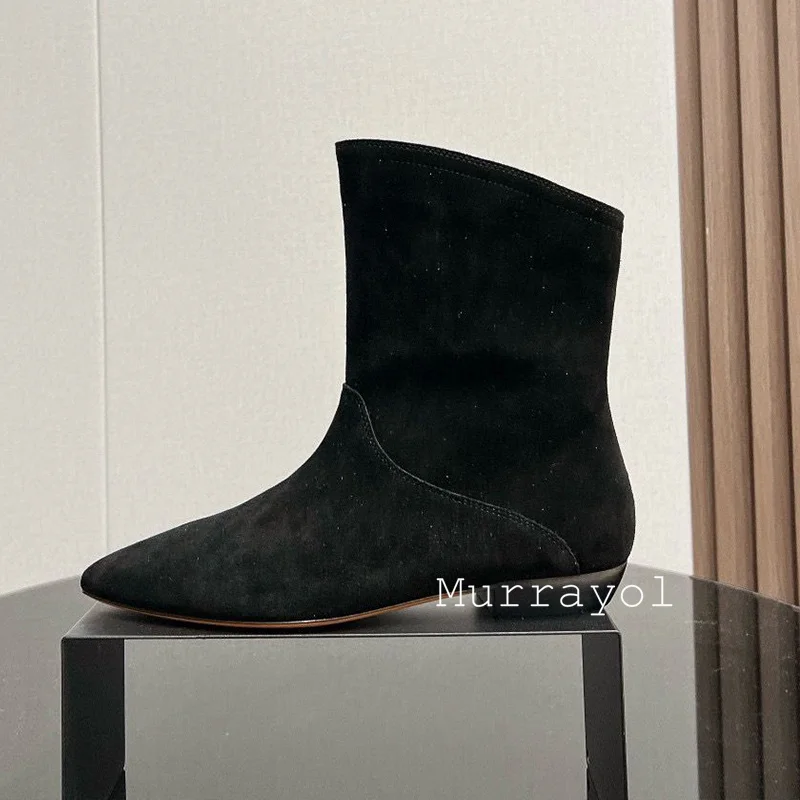 Sapi Suede sepatu bot pendek untuk wanita, sepatu bot Modern ujung runcing datar setengah betis, keling logam dekoratif musim semi musim gugur Chelsea