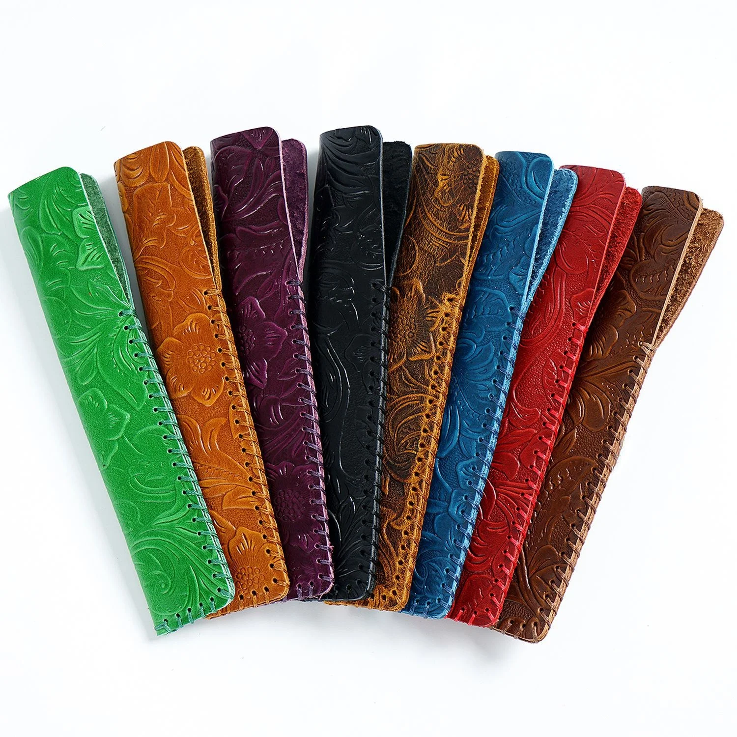 Genuine Leather Pencil Bag With Flower Embossed Leather Boy's and Girl's School Students Pen Holder Simple Retro Pencil Bag