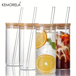4 Set 600ML Drinking Glasses with Bamboo Lids and Straws Borosilicate Glass Tumbler Cups Tall Clear Iced Coffee Cups