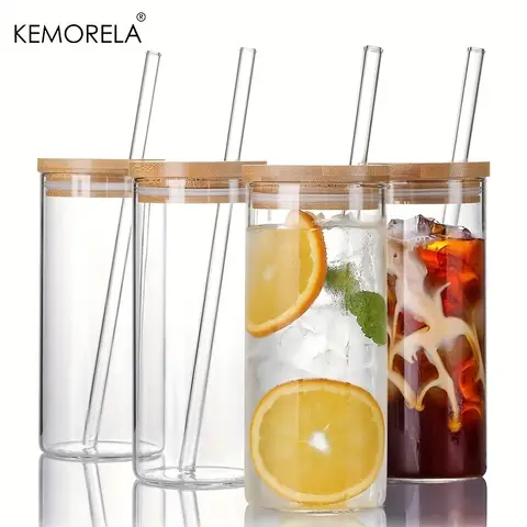 4 Set 600ML Drinking Glasses with Bamboo Lids and Straws Borosilicate Glass Tumbler Cups Tall Clear Iced Coffee Cups