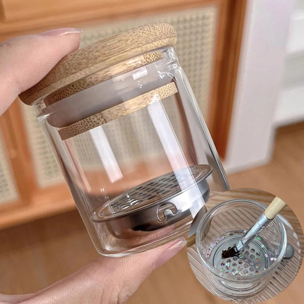 1Jar transparenter Glaswaschbecher mit Filterelement 6,5 * 5,5 * 5 cm für Gelpolitur und Acrylbürsten, Glitzer-Entfernungs-Aufbewahrungsbox ﻿