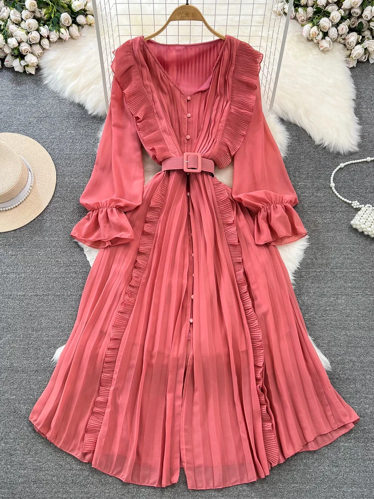 Boho Maix Floral Dress Women Spring Horn Long Sleeved V-neck Ruffled High Waist with Belt Mid Length A-line Large Swing Dress