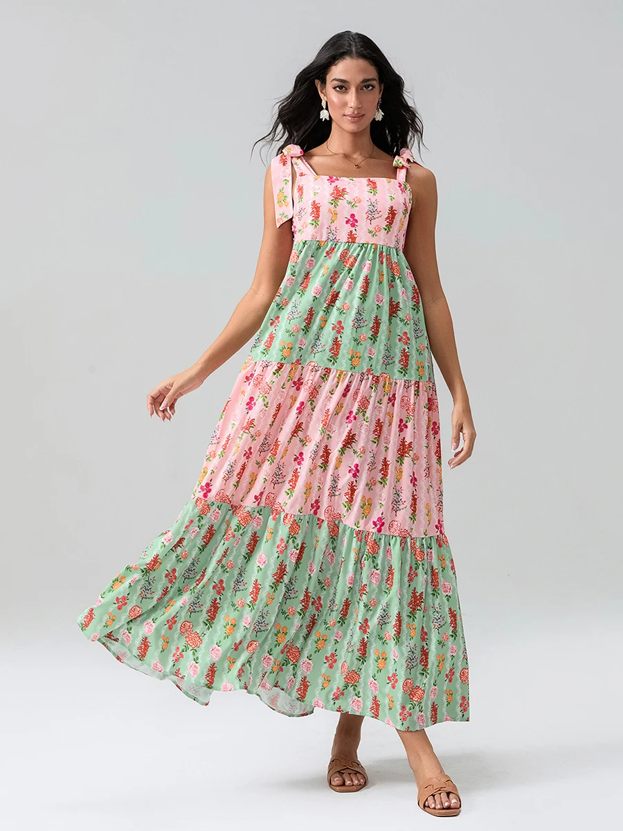 

Women Long Dress Floral Print Tie-Up Shoulder Strap Sleeveless Dress Summer Casual Cami Dress A-line Dress