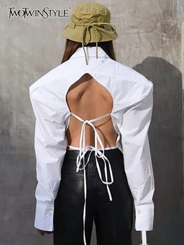 TWOTWINSTYLE – chemise à manches longues pour femmes, chemisiers à revers, dos nu, taille froncée, couleur unie, vêtements à la mode