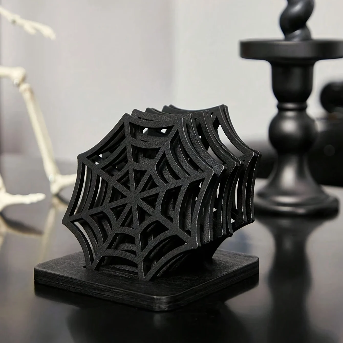 Picture 4: 1pcs Halloween Spider Web WoodenCoasters, Creative Hollow Tabletop Decor, Black Coaster Cup Mat Pad Trivet Mats For Party