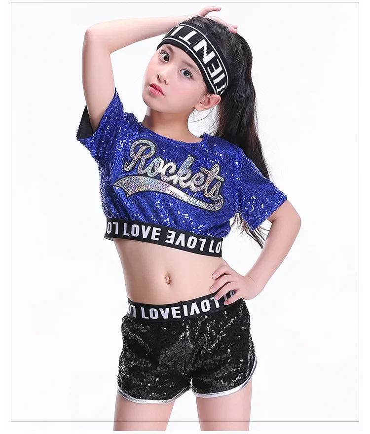 New Children's Jazz Dance Modern Cheerleading Costumes Hip Hop Boy Girls Crop Top And Pants Sequins Performance Clothing Set